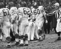 Jim McCusker is #75 and Chuck Bednarik is #60 here with the 1960 Philadelphia Eagles.
Courtesy <em>Sports Illustrated</em>. Jim McCusker and Chuck Bednarik with the 1960 Philadelphia Eagles.