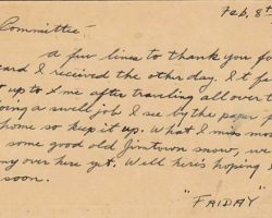 Post card front. Clayt Webeck was very involved with the Service Men's Committee of the Jamestown Area during WWII. This post card was sent by a soldier February 8, 1944. Post card, February 8, 1944.