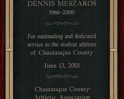 Chautauqua County Athletic Association service award to Dennis Meszaros. June 13, 2001. Chautauqua County Athletic Association service award to Dennis Meszaros. June 13, 2001.