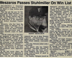 Meszaros Passes Stuhlmiller On Win List. <em>Post-Journal</em> (Jamestown), May 1993. Meszaros Passes Stuhlmiller On Win List. May 1993.