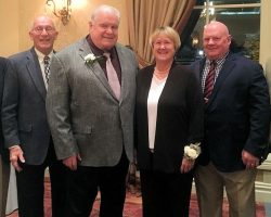 Section 6 Hall of Fame Induction Dinner, December 6, 2019. (Left to right) Dave Polechetti, CSHOF inductee and CSHOF Board member,
Tom Priester, CSHOF inductee, Bill Bergey, CSHOF inductee and Section 6 HOF inductee, Cheryl Bailey, CSHOF inductee and Section 6 HOF inductee, Bob Schmitt, CSHOF inductee and CSHOF Vice-President, Randy Anderson, CSHOF President. Section 6 Hall of Fame Induction Dinner, December 6, 2019.