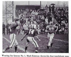 Mark Edstrom throws a touchdown pass for Jamestown High School. 1969. Mark Edstrom throws a touchdown pass for Jamestown High School. 1969.