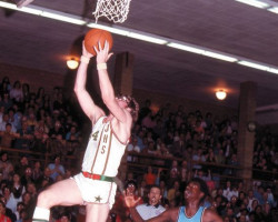In this 1972 photo, Jamestown’s Mark Edstrom drives to the basket for a layup during a basketball game at the old gym at Jamestown High School. Photo by Walt Roode. Mark Edstrom drives to the basket.