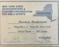 Jessica Anderson, first team NYS volleyball certificate. 1992. Jessica Anderson, first team NYS volleyball.
