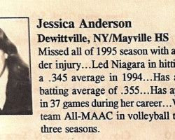 Jessica Anderson Niagara University softball profile. 1997. Jessica Anderson Niagara University softball profile.