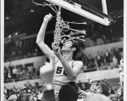Donn Johnston cutting the net after the Jamestown High School basketball team won the Section VI championship. 1969. Donn Johnston cutting the net after the Jamestown High School basketball team won the Section VI championship. 1969.