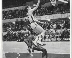 Donn Johnston puts up a layup for Jamestown High School at the Section VI championship game. 1969. Donn Johnston puts up a layup for Jamestown High School at the Section VI championship game. 1969.