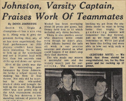 Johnston, Varsity Captain, Praises Work Of Teammates. <em>Post-Journal</em> (Jamestown), 1969. Johnston, Varsity Captain, Praises Work Of Teammates. 1969.