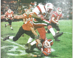 Jamestown's Aaron Leeper high steps. <em>Post-Journal</em> (Jamestown), October 29, 1999. Jamestown's Aaron Leeper high steps. October 29, 1999.