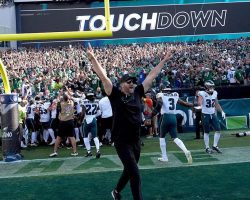 Nick Sirianni celebrates a touchdown against the Los Angeles Rams, September 21, 2025. Nick Sirianni celebrates a touchdown against the Los Angeles Rams.