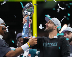 Nick Sirianni hoists the Lombardi Trophy after winning Super Bowl LIX. Nick Sirianni hoists the Lombardi Trophy after winning Super Bowl LIX.