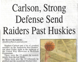 Carlson, Strong Defense Send Raiders Past Huskies. <em>Post-Journal</em> (Jamestown), January 2, 2015. Carlson, Strong Defense Send Raiders Past Huskies. January 2, 2015.