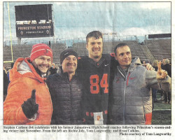 Stephen Carlson celebrates with his former Jamestown High School coaches. <em>Post-Journal</em> (Jamestown), November 2018. Stephen Carlson celebrates with his former Jamestown High School coaches. November 2018.