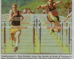 Southwestern's Nick Sirianni clears hurdle. <em>Post Journal</em> (Jamestown), 1999. Southwestern's Nick Sirianni clears hurdle. 1999.