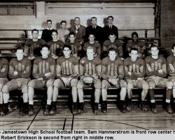 1935 Jamestown High School Football team. Sam Hammerstrom is in the middle of the front row holding the ball. 1935 JHS football team