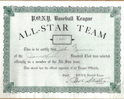 1941 P.O.N.Y. Baseball League All-Star Team certificate awarded to John Newman. 1941 P.O.N.Y. Baseball League All-Star Team certificate awarded to John Newman.