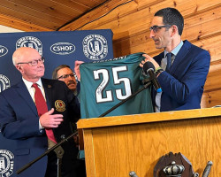 From the left are CSHOF president Randy Anderson, Chip Johnson and Jay Sirianni. From the left are CSHOF president Randy Anderson, Chip Johnson and Jay Sirianni.