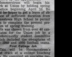 Hammerstrom Is Appointed Union College Grid Coach. Page 2. <em>Jamestown Sun</em>. March 27, 1950. Hammerstrom Is Appointed Union College Grid Coach. Page 2. March 27, 1950.