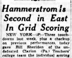 Hammerstrom Is Second in East In Grid Scoring. <em>Jamestown Evening Journal</em>, October 30, 1939. Hammerstrom Is Second in East In Grid Scoring. October 30, 1939.
