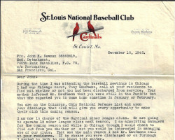 St. Louis National Baseball Club letter to John Newman, page 1. December 15, 1945. St. Louis National Baseball Club letter to John Newman, page 1. December 15, 1945.