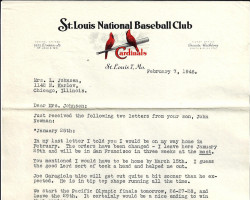 St. Louis National Baseball Club letter to John Newman's mother, page 1. February 7, 1946. St. Louis National Baseball Club letter to John Newman's mother, page 1. February 7, 1946.
