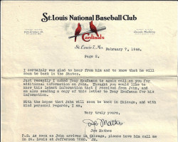 St. Louis National Baseball Club letter to John Newman's mother, page 2. February 7, 1946. St. Louis National Baseball Club letter to John Newman's mother, page 21. February 7, 1946.