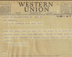 Telegram to John Newman from Dick Shearman. March 21, 1942. Telegram to John Newman from Dick Shearman. March 21, 1942.