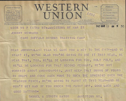 Telegram to John Newman from Samuel Stroth. March 21, 1942. Telegram to John Newman from Samuel Stroth. March 21, 1942.