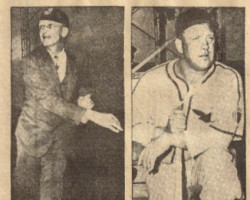 Mayor Sam Stroth throwing out first pitch of season and John Newman on dugout steps circa 1946-47. Mayor Stroth and John Newman