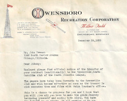 Owensboro Recreation Corp. contract transfer letter to John Newman. December 26, 1939. Owensboro Recreation Corp. contract transfer letter to John Newman. December 26, 1939.