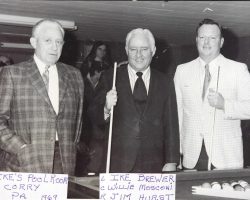 Ike Brewer, Willie Mosconi, and Jim Hurst at Ike's Pool Room in Corry, PA. 1969. Ike Brewer, Willie Mosconi, and Jim Hurst at Ike's Pool Room in Corry, PA. 1969.