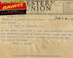 1951 telegram - offer to play in Venezuelan League.