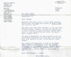 February 6, 1952 letter from Fred Haney to John O'Neil. February 6, 1952 letter from Fred Haney to John O'Neil.