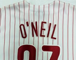 The Philadelphia Phillies sent this jersey to John O'Neil on his 90th birthday in 2010. The Philadelphia Phillies sent this jersey to John O'Neil on his 90th birthday in 2010.