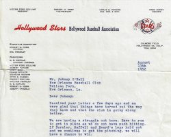 Letter from Hollywood Stars manager to John O'Neil. August 13, 1952. Letter from Hollywood Stars manager to John O'Neil. August 13, 1952.