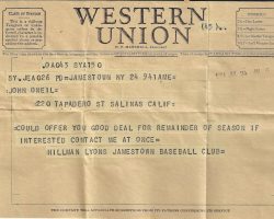 July 24, 1954 telegram - offer from Jamestown to John O'Neil. July 24, 1954 telegram - offer from Jamestown to John O'Neil.