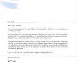 Judy Young recognition letter as U.S. Masters Swimmng Pool All Star.