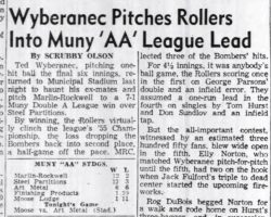 Wyberanec Pitches Rollers Into Muny 'AA' League Title. <em>Post-Journal</em> (Jamestown), August 3, 1955. Wyberanec Pitches Rollers Into Muny 'AA' League Title. August 3, 1955.