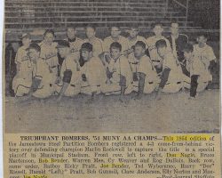 Triumphant Bombers, '54 MUNY AA Champs. <em>Post-Journal</em> (Jamestown), September 28, 1954. Triumphant Bombers, '54 MUNY AA Champs. 1954.