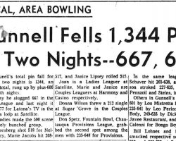 Gunnell Fells 1,344 Pins In Two Nights -- 667, 677. March 30, 1963. Gunnell Fells 1,344 Pins In Two Nights -- 667, 677. March 30, 1963.