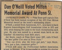 Dan O'Neill Voted Mitten Memorial Award At Penn St. <em>Post-Journal</em> (Jamestown), August 7, 1973. Dan O'Neill Voted Mitten Memorial Award At Penn St. August 7, 1973.