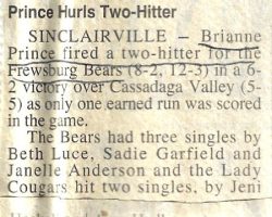 Prince Hurls Two-Hitter. <em>Post-Journal</em> (Jamestown), 1995. Prince Hurls Two-Hitter. 1995.