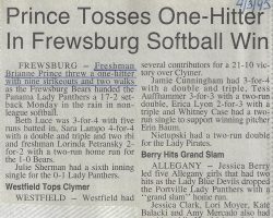 Prince Tosses One-Hitter In Frewsburg Softball Win. <em>Post-Journal</em> (Jamestown), April 3, 1995. Prince Tosses One-Hitter In Frewsburg Softball Win. April 3, 1995.