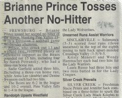 Brianne Prince Tosses Another No-Hitter. <em>Post-Journal</em> (Jamestown), May 8, 1996. Brianne Prince Tosses Another No-Hitter. May 8, 1996.