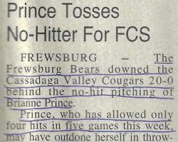 Prince Tosses No-Hitter For FCS. <em>Post-Journal</em> (Jamestown), May 18, 1996. Prince Tosses No-Hitter For FCS. May 18, 1996.