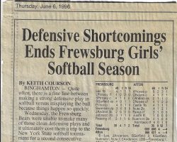 Defensive Shortcomings Ends Frewsburg Girls' Softball Season. <em>Post-Journal</em> (Jamestown), June 6, 1996. Defensive Shortcomings Ends Frewsburg Girls' Softball Season. June 6, 1996.