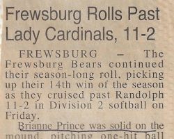 Frewsburg Rolls Past Lady Cardinals, 11-2. <em>Post-Journal</em> (Jamestown), 1998. Frewsburg Rolls Past Lady Cardinals, 11-2. 1998.