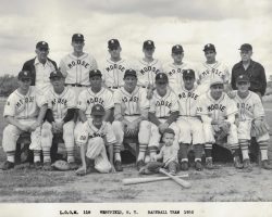 1950 Moose team. Phil Young is second from left in seated row. 1950 Moose baseball team.