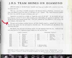J.H.S. Team Shines On Diamond. Jamestown High School yearbook. 1951. J.H.S. Team Shines On Diamond. Jamestown High School yearbook. 1951.