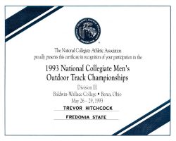 NCAA Men's Outdoor Track Championships certificate. May 26-29, 1993. NCAA Men's Outdoor Track Championships certificate. May 26-29, 1993.